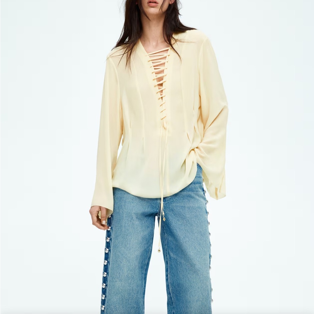 H&M edition chiffon lace front blouse top yellow s/s 2025 XS